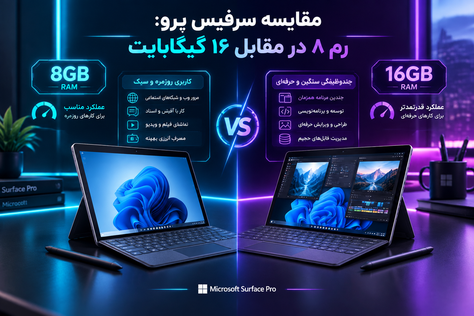 مقایسه سرفیس پرو رم 8 و 16 گیگ در استفاده واقعی